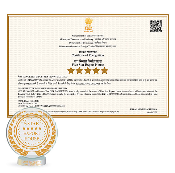 5-Star Export House accolade by the Ministry of Commerce & Industry, Govt. of India. Suppletek
